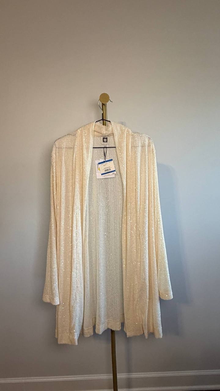 Anne Klein Sequin Draped Open-Front Cardigan Beige XL NWT $149