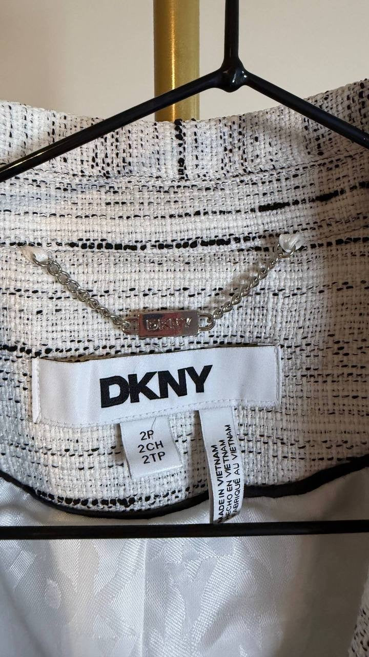 DKNY Women’s White Tweed Notch-Collar One-Button Long Blazer Size 2P NWT $179
