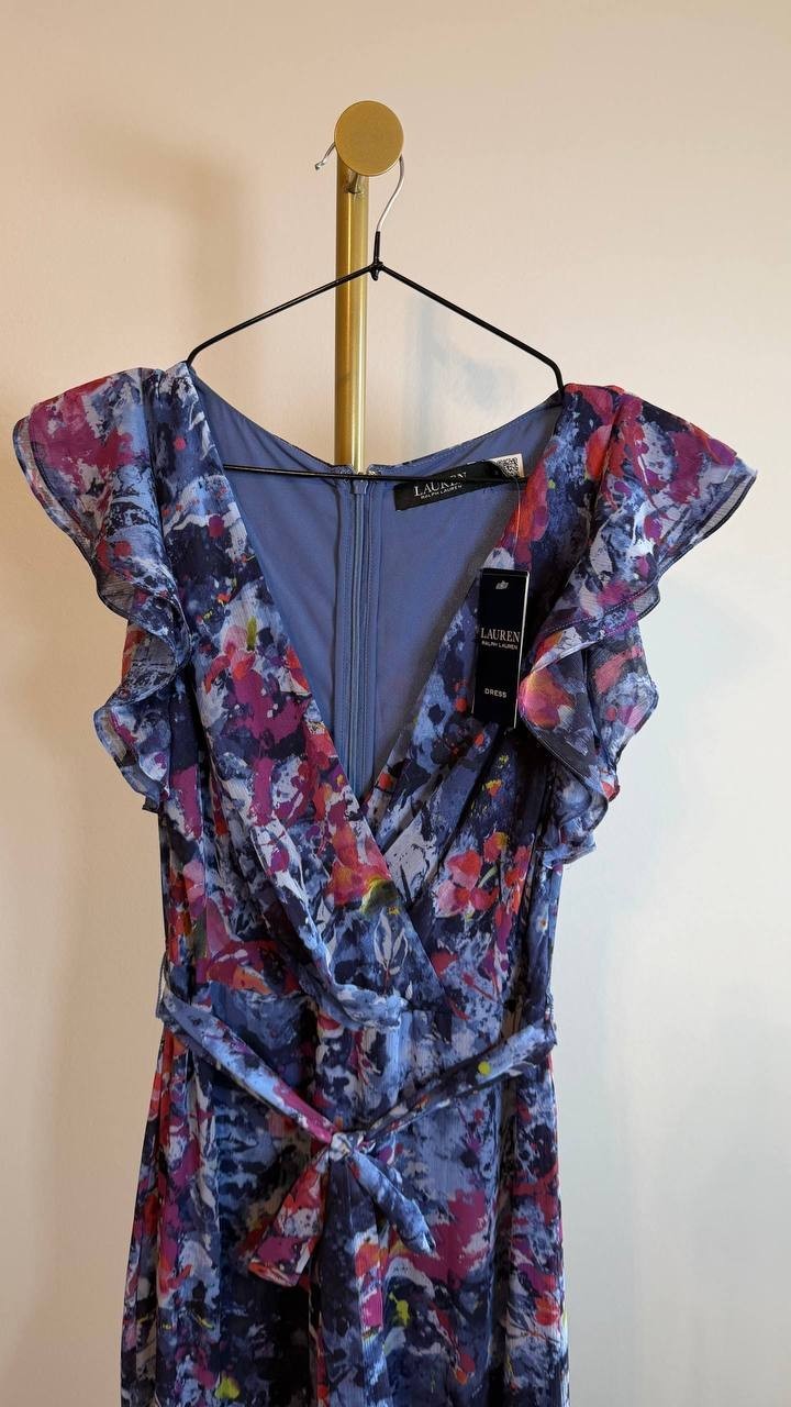 Lauren Ralph Lauren Print Ruffle Georgette Gown Blue Multi 2 NWT $325