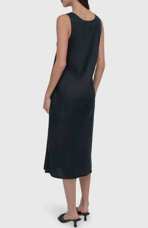 DKNY Stud Detail Linen Midi Dress Black Size M NWT $139