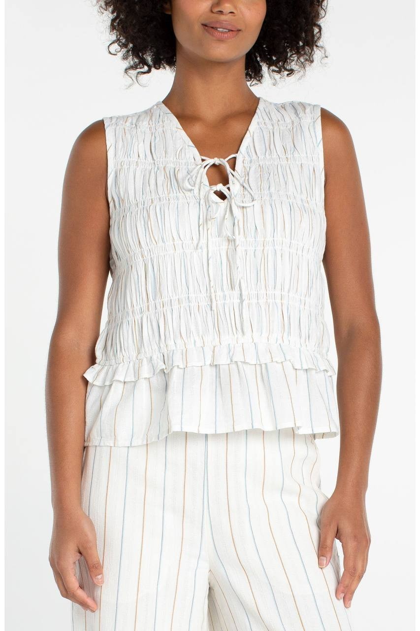Liverpool LA Stripe Smocked Tie Sleeveless Cotton Tank Cream Blue S NWOT $89