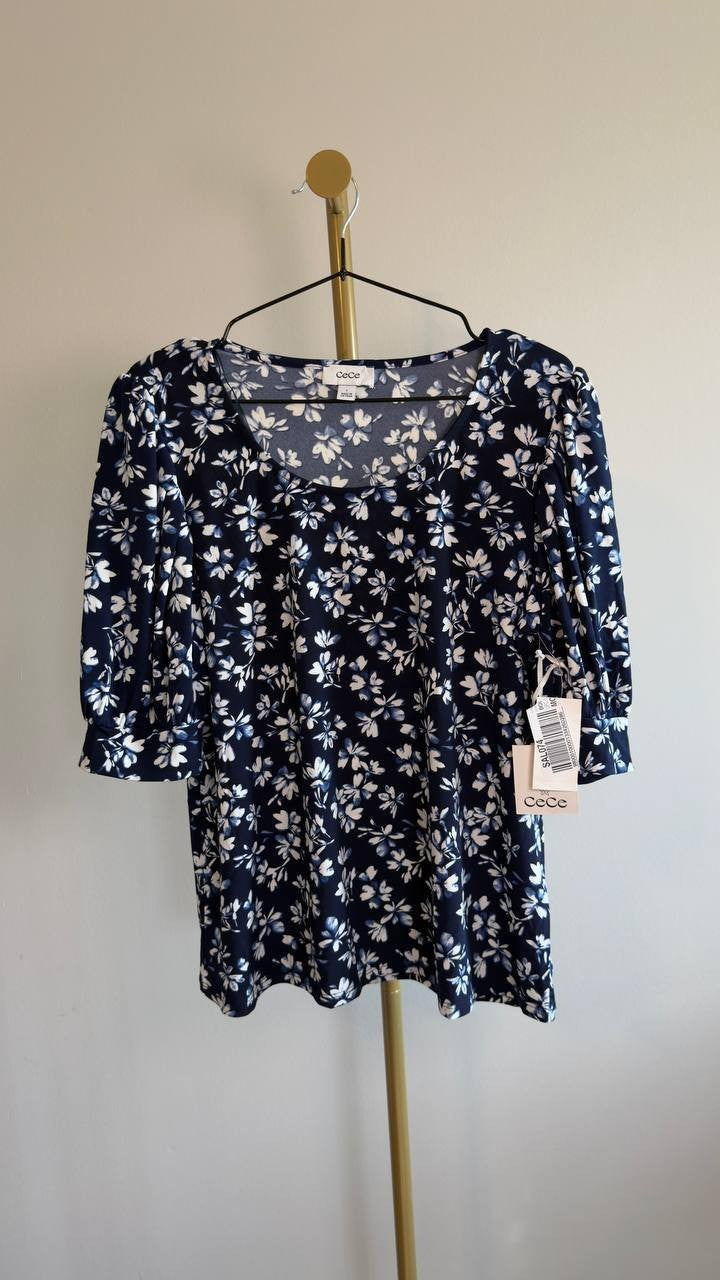 CeCe Scoop‑Neck Printed Elbow‑Sleeve Top L Classic Navy NWT $49