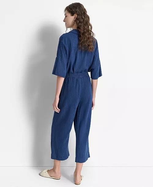 DKNY Indigo Linen‑Blend Cropped Pull‑On Pants – Size M – NWT – $89