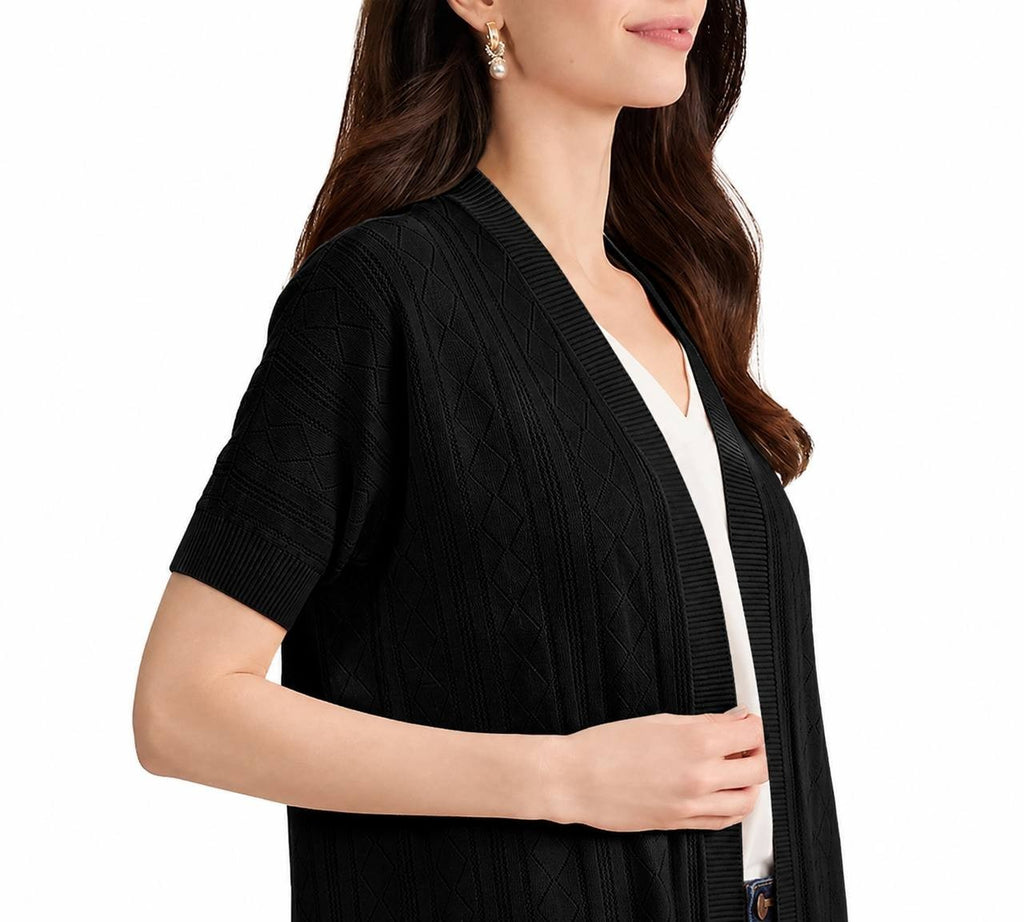 Jones New York Petite Open Stitch Short‑Sleeve Cardigan Black PM NWT $89.50