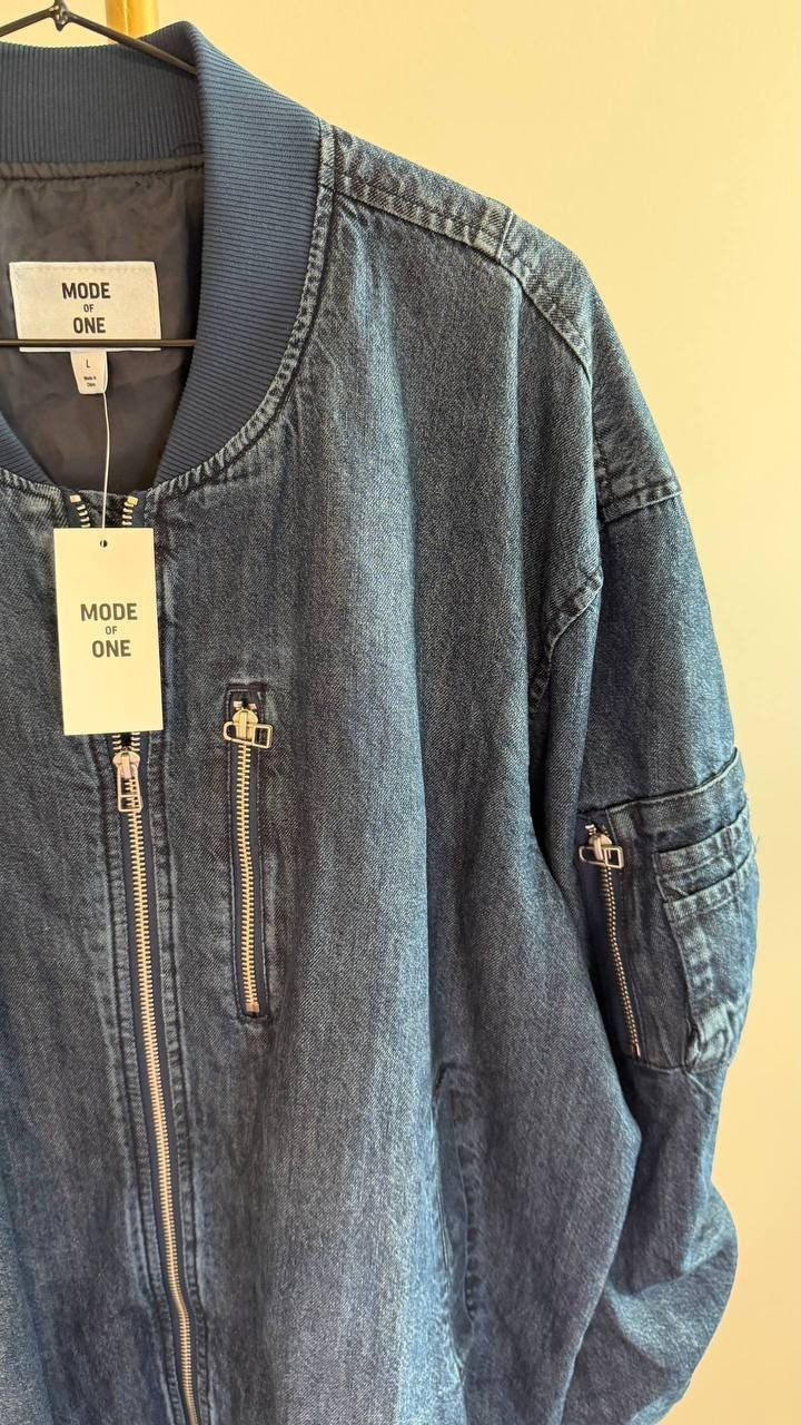 Mode of One Men’s Costas Zip‑Front Denim Bomber Jacket Blue L $100 NWT