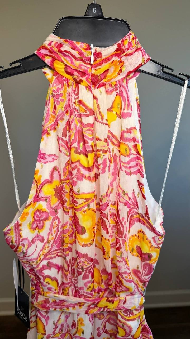 CeCe Printed Sleeveless Tiered‑Ruffle Maxi Dress Magenta 2 NWT $119