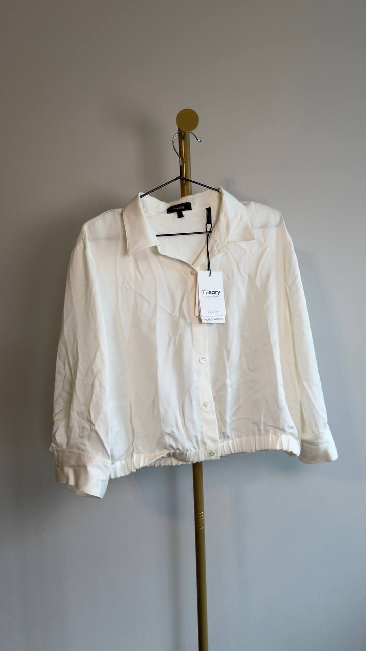 Theory Scrunched‑Sleeve Cropped Silk Button Shirt Ivory L NWT $365