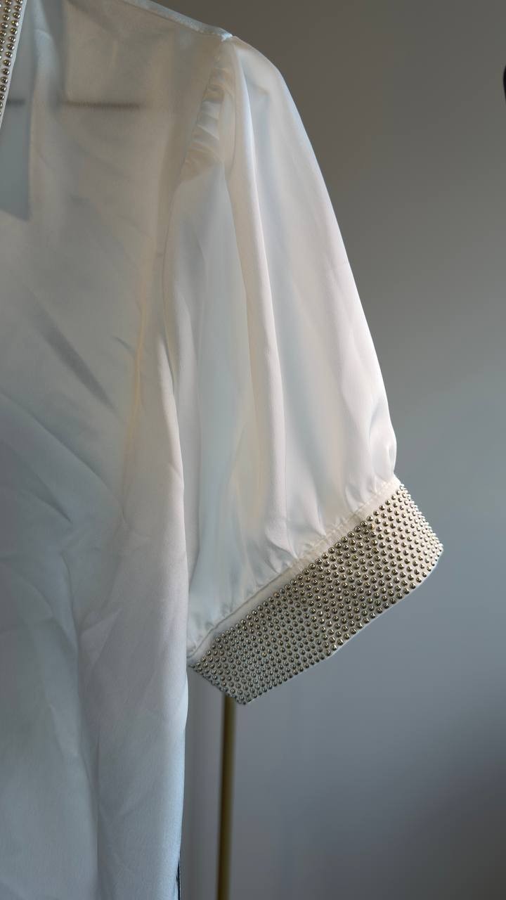 Karl Lagerfeld Paris Beaded Satin Stud Blouse Soft White M NWT $109