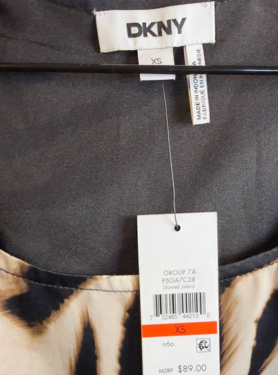 DKNY Printed Satin Puff‑Sleeve Zipper Top Blurred Zebra XS NWT $89