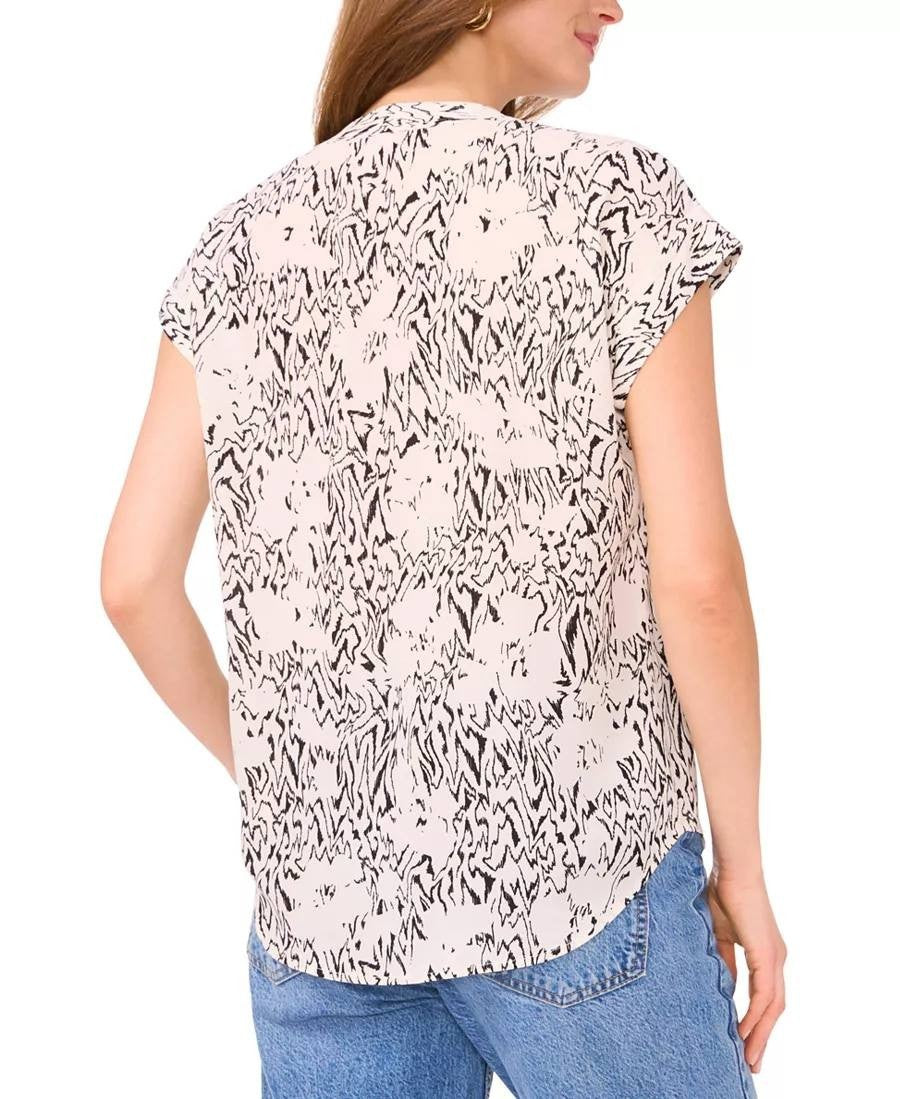 Vince Camuto XL Beige Black Printed Blouse V Neck Placket Short Sleeve Good Cond