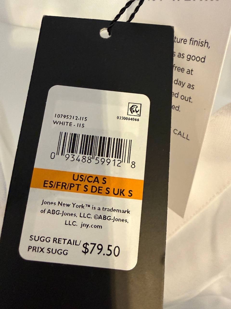 Jones New York  Easy‑Care Button‑Up Shirt – Size S – NWT – White – $79.50