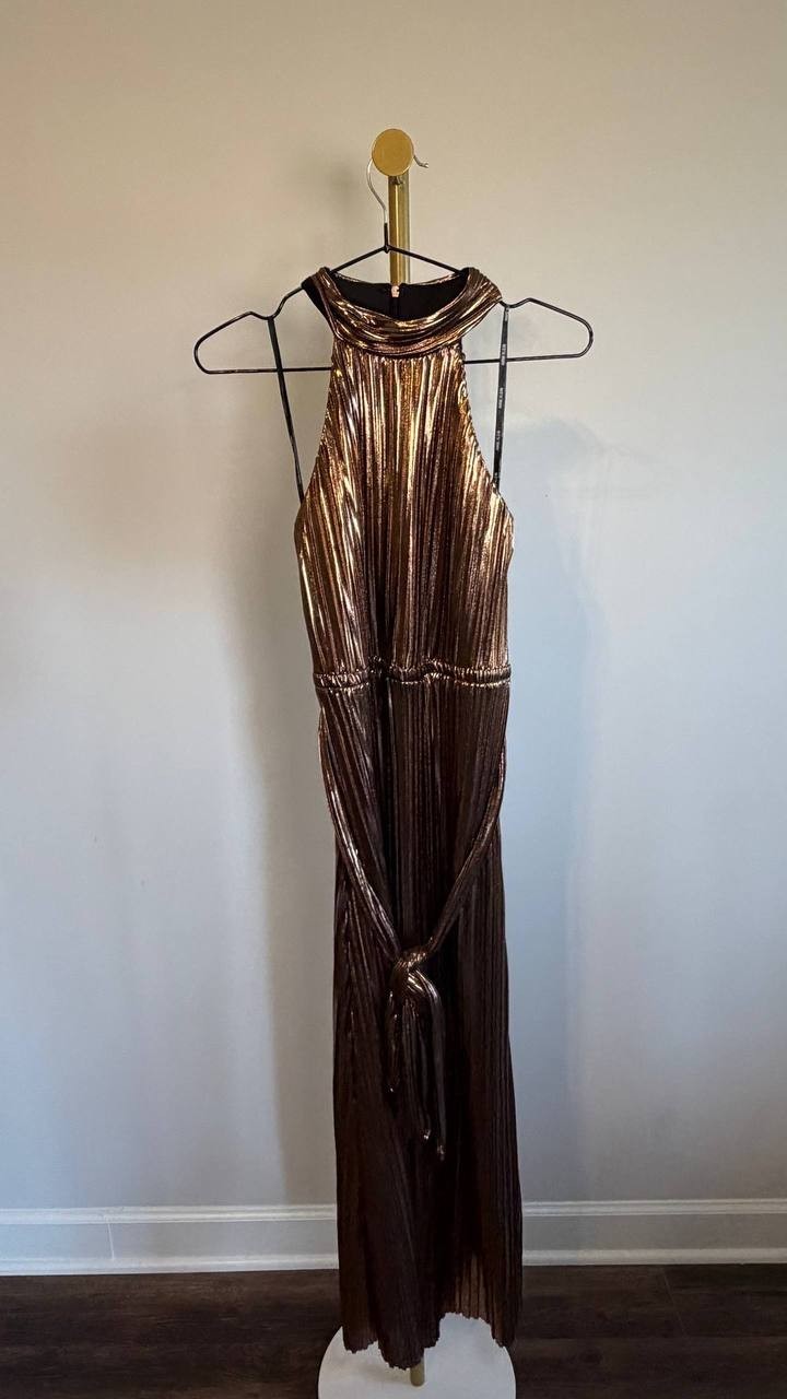 Anne Klein Metallic Mock‑Neck Halter Dress Bronze XS NWT $159