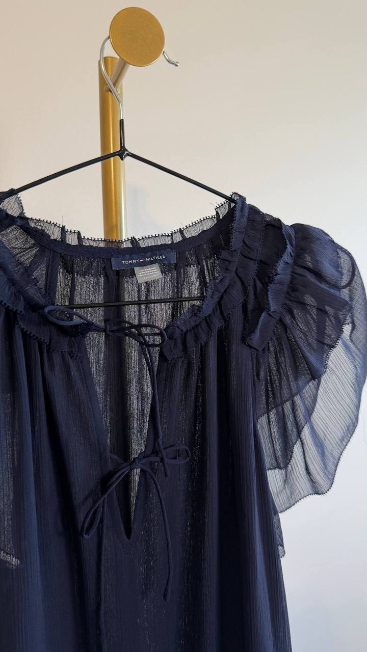 Tommy Hilfiger Split‑Neck Flutter‑Sleeve Blouse Midnight S $79 NWT
