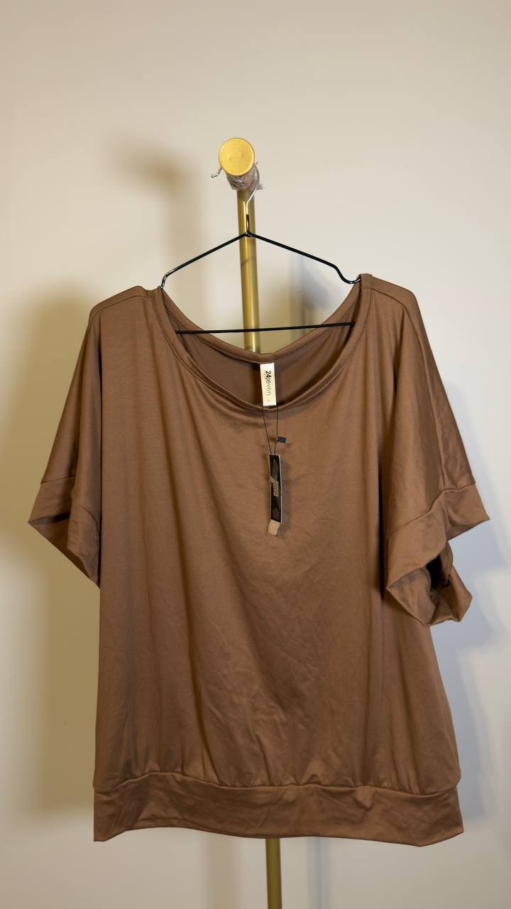 24seven Comfort Apparel Loose Fit Dolman Wide-Sleeve Top Mocha XL NWT $50