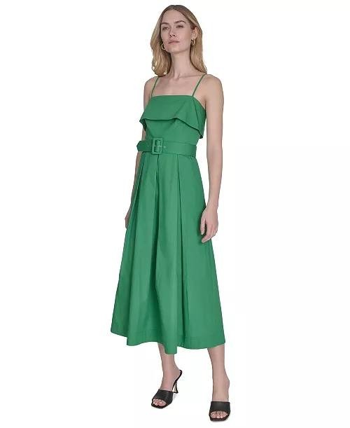 Vince Camuto Cotton Belted Foldover‑Neck Midi Dress Green 12 $168 NWT