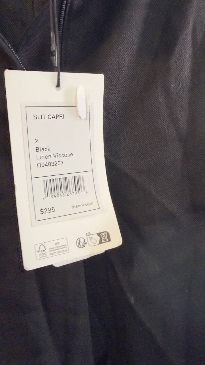 Theory Slit Capri Pants Linen‑Blend High‑Waist Black Size 2 NWT $295