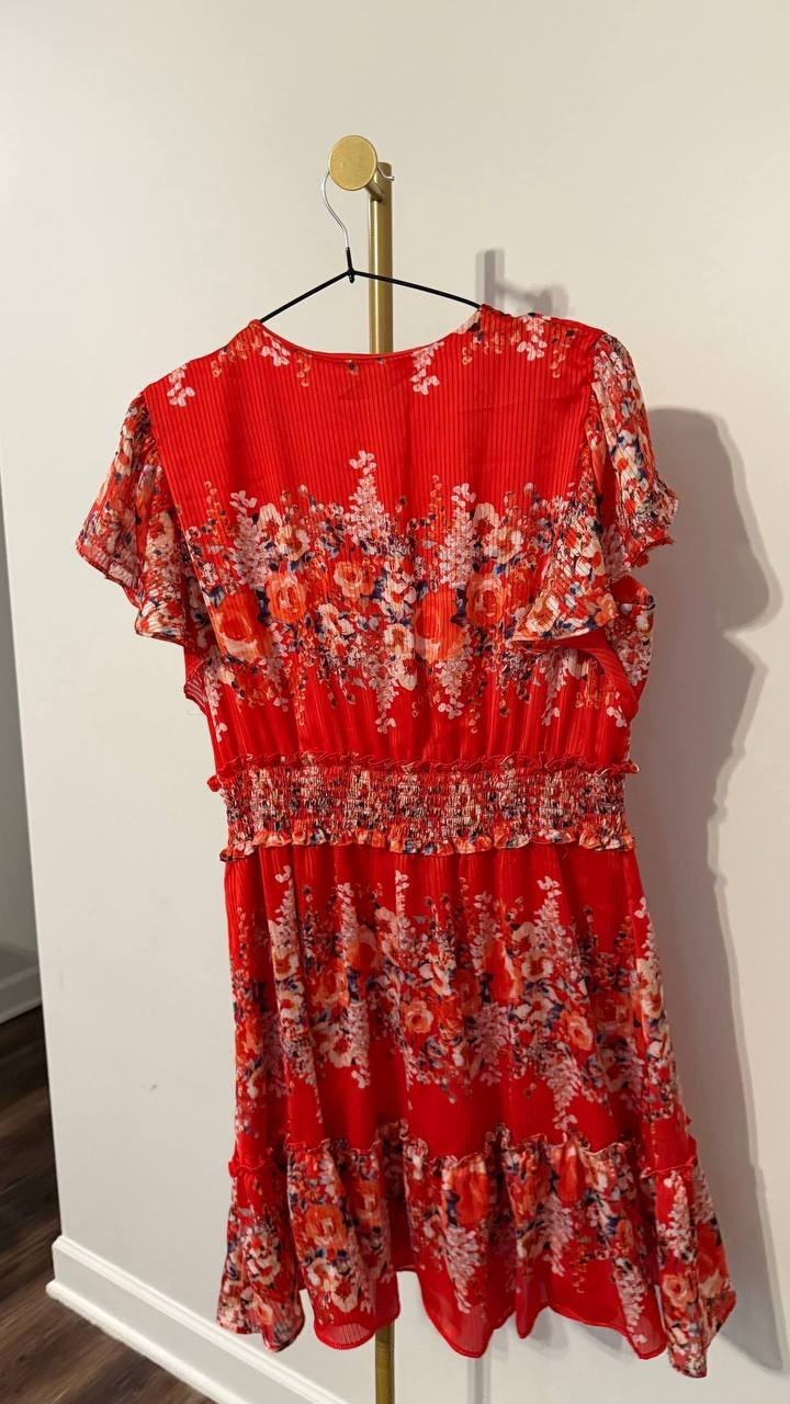 Taylor Printed Flutter-Sleeve Fit Flare Dress Flame Denim 14 Pre-Owned