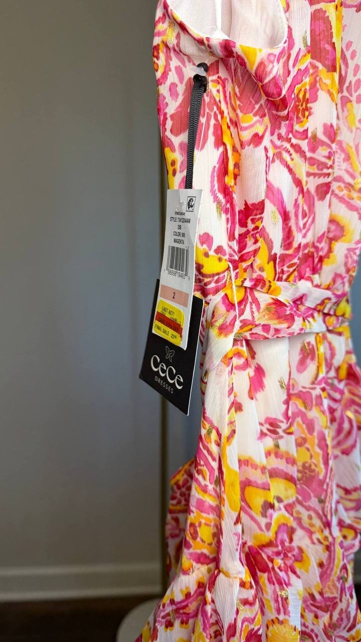 CeCe Printed Sleeveless Tiered‑Ruffle Maxi Dress Magenta 2 NWT $119