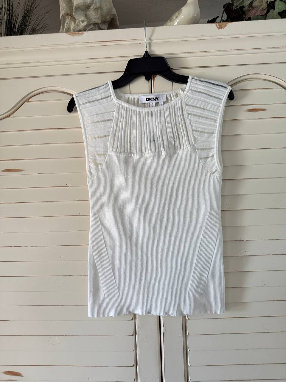 DKNY Ivory Knit Illusion Sleeveless Top – Size L – NWT