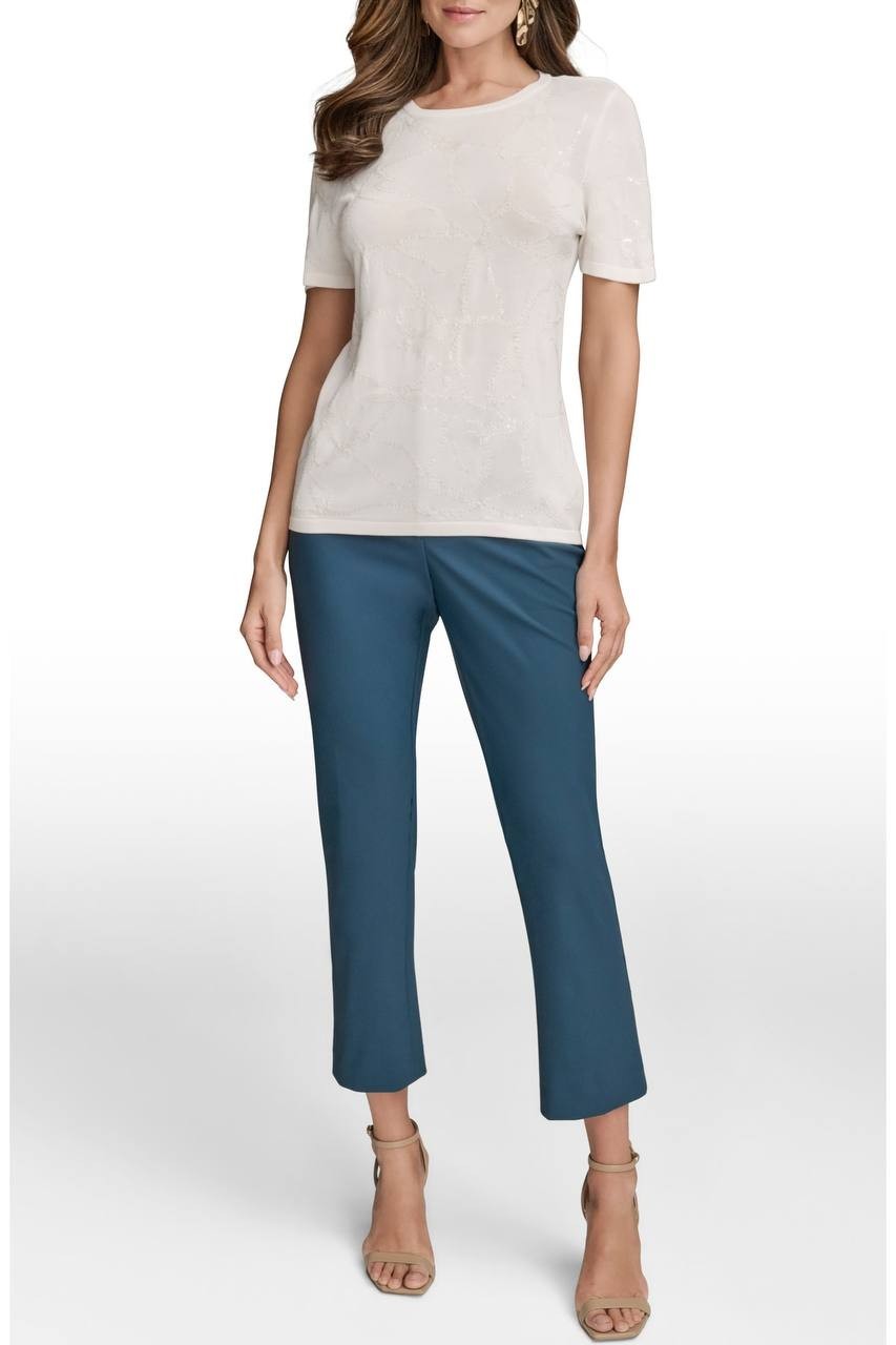 Donna Karan NY Sequin Embellished Short Sleeve Sweater Cream XS NWT $99