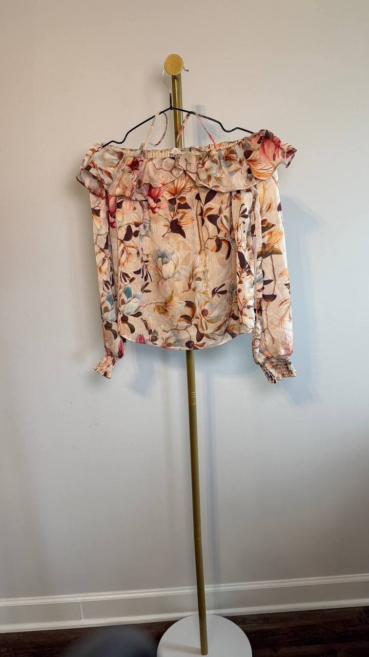 GUESS Printed Off‑The‑Shoulder Lucy Top Natural Magnolia XS NWT $89
