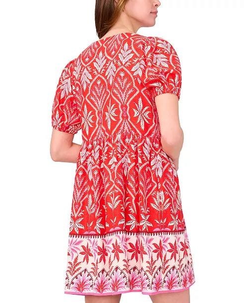 MSK Printed Tie‑Neck Short‑Sleeve Fit & Flare Dress Red XS NWT $89