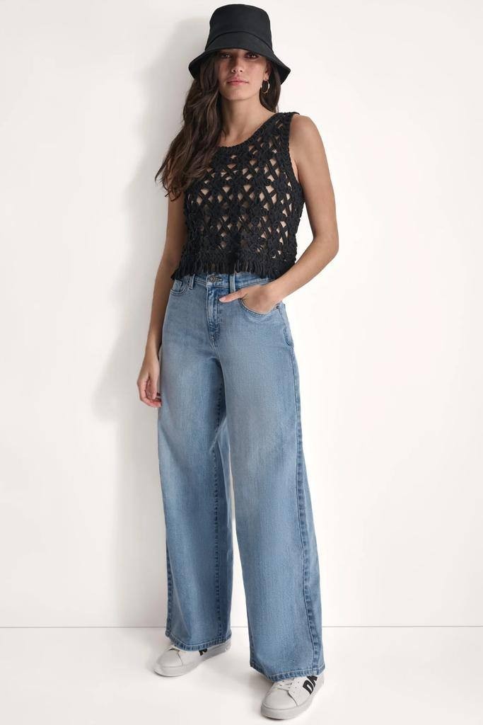 DKNY Jeans Cropped Fringe Crochet Tank – Black – Size L – NWT – $59