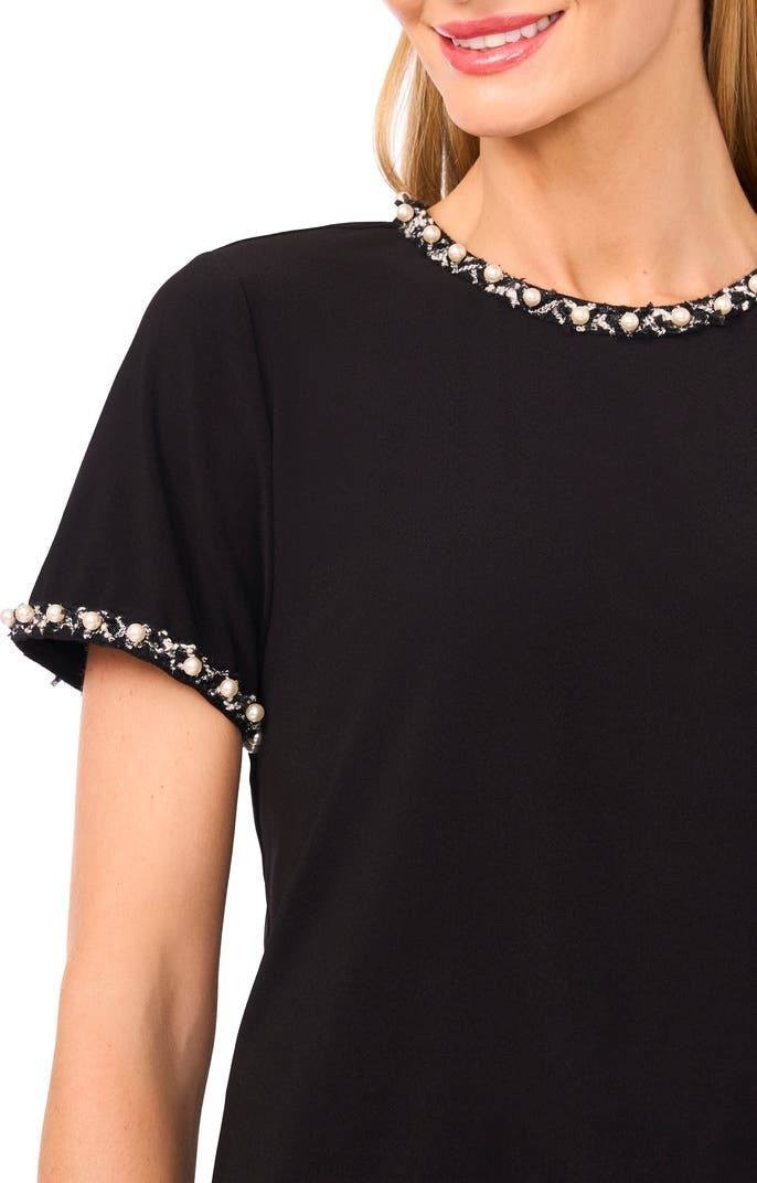 CeCe Faux‑Pearl Embellished T‑Shirt – Size S – Black– NWT – $59