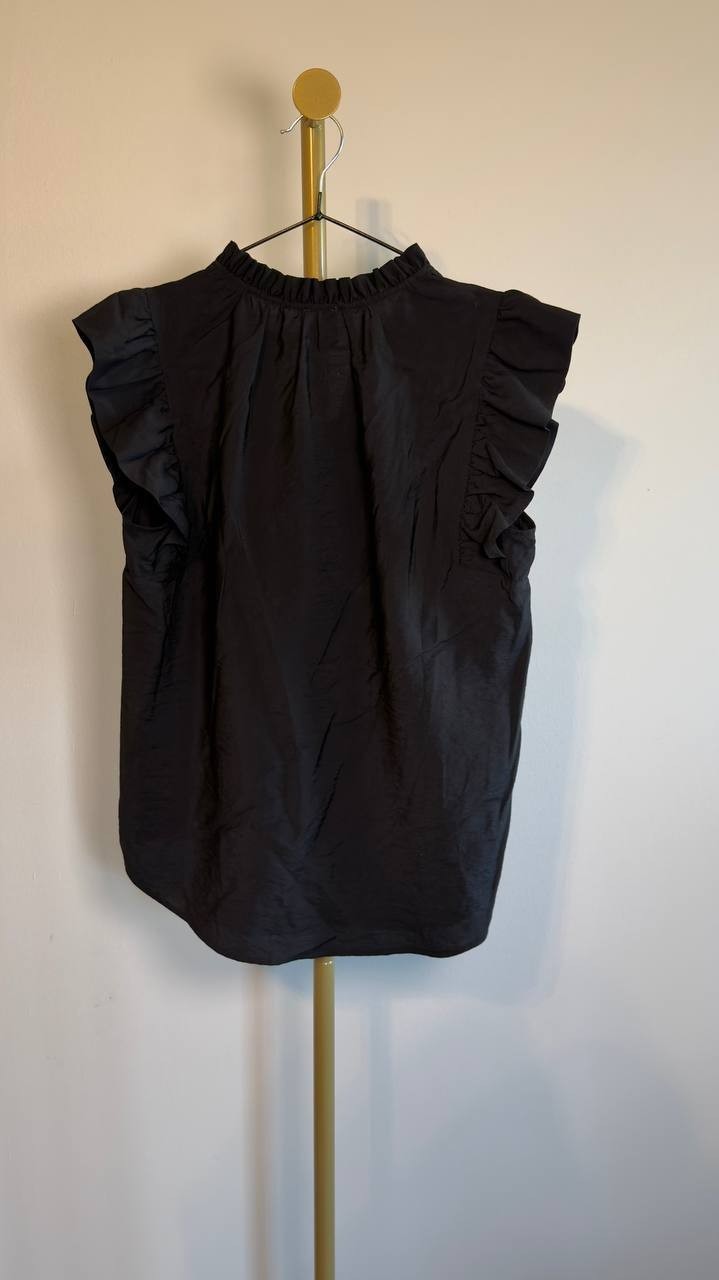 Anne Klein Flutter Sleeve Split Neck Top Black S NWT $79