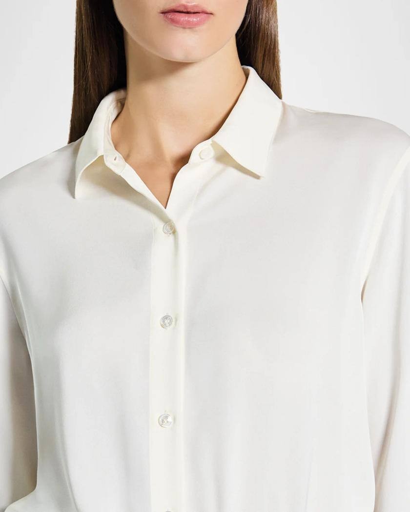 Theory Scrunched‑Sleeve Cropped Silk Button Shirt Ivory L NWT $365