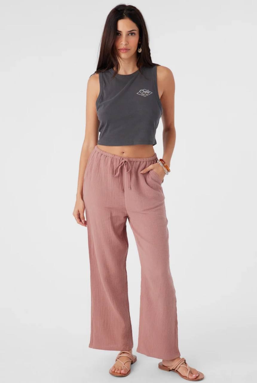 O'Neill Wide-Leg Cropped Pants - Crinkle Cotton, Rosewood Pink Drawstring