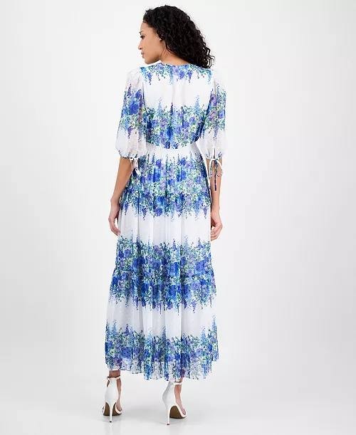Taylor Printed V-Neck Smocked-Waist Dress Blue/Wisteria 6 NWT $139
