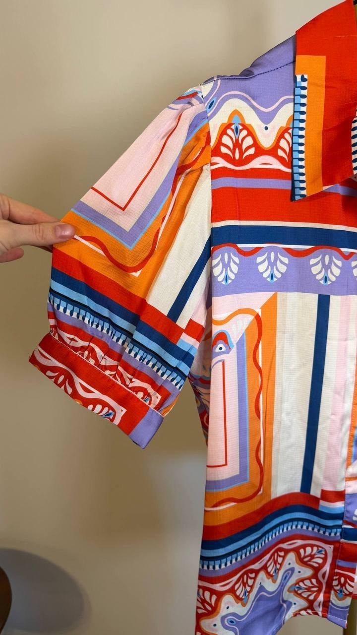Tahari Women’s Printed Short-Sleeve Button Blouse Como Tile Print L $78 NWT