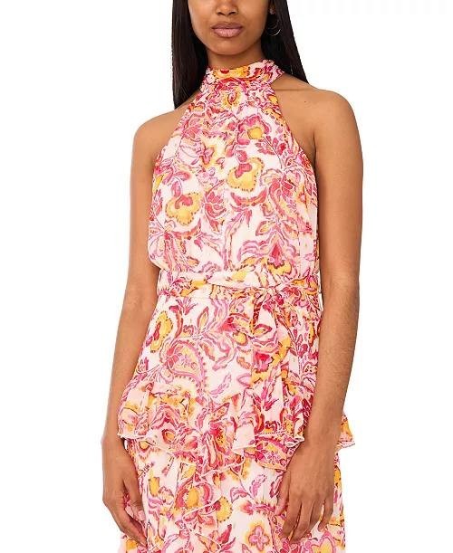 CeCe Printed Sleeveless Tiered‑Ruffle Maxi Dress Magenta 2 NWT $119