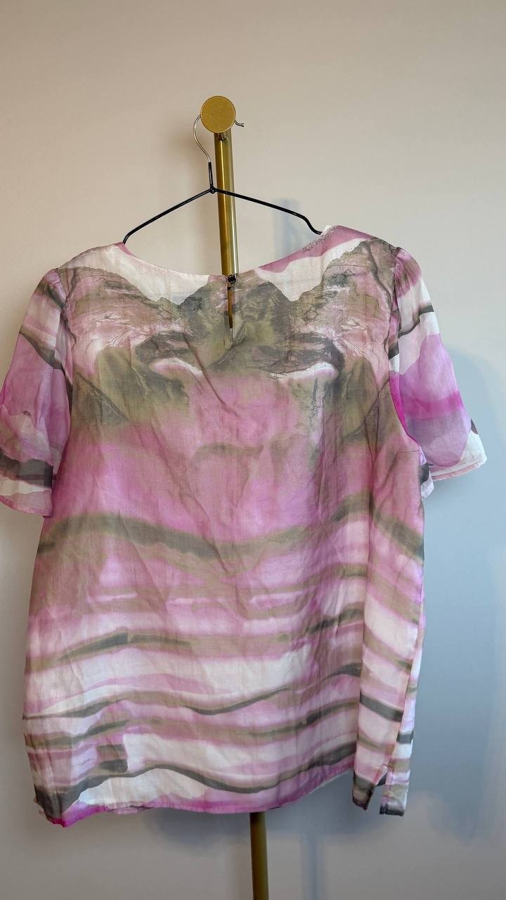 DKNY Printed Puff‑Shoulder Chiffon Blouse Abstract XL NWT $79