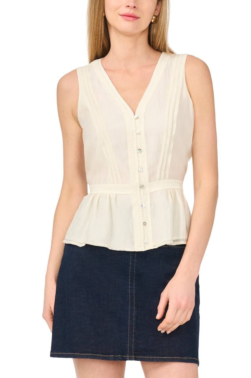 Vince Camuto Women’s Lace Trim Button‑Up Peplum Tank New Ivory L NWT $79