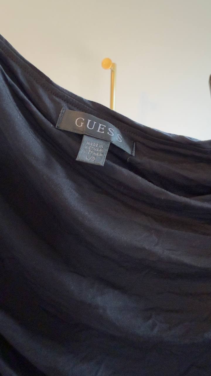 Guess Solid Asymmetrical Neckline Short Sleeve Shirred Top Black L NWT $59