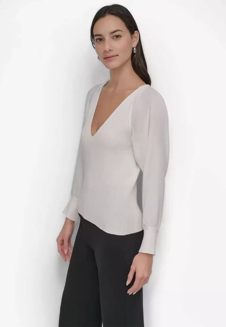 DKNY Long Sleeve Mix Media V‑Neck Top, Size L, White, NWT $79