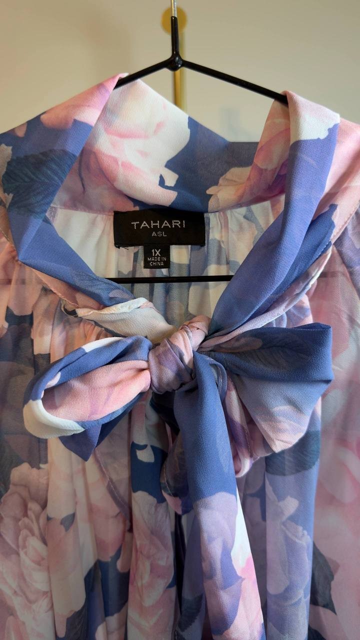 Tahari ASL Printed Ruffle Top Blue Petal Floral 1X NWT $109