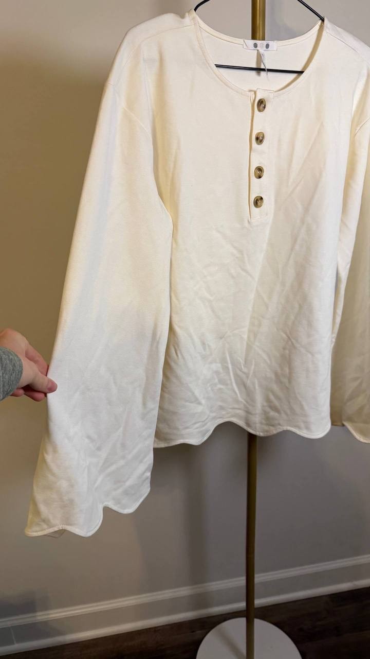 Three Dots Scalloped Bell Sleeve Henley Top White M $78 NWT