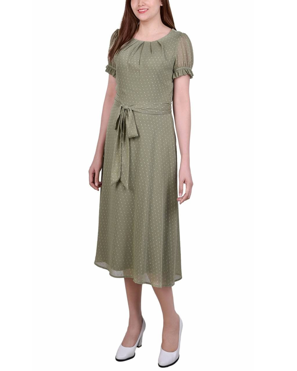 NY Collection Petite Short Sleeve Belted Swiss Dot Dress – Olive– Size PL – NWT