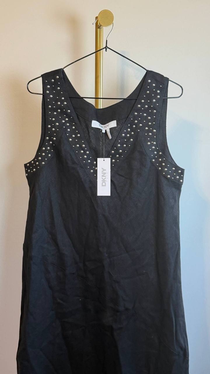 DKNY Stud Detail Linen Midi Dress Black Size M NWT $139