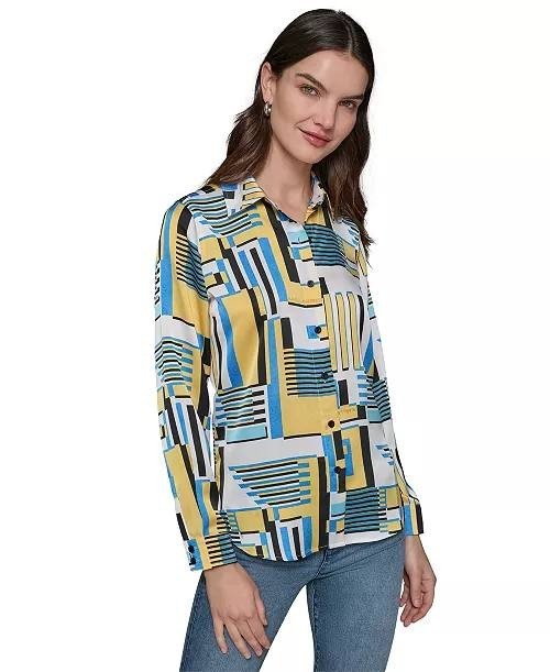 Karl Lagerfeld Paris Satin Printed Button‑Front Shirt Multi 2X NWT $99