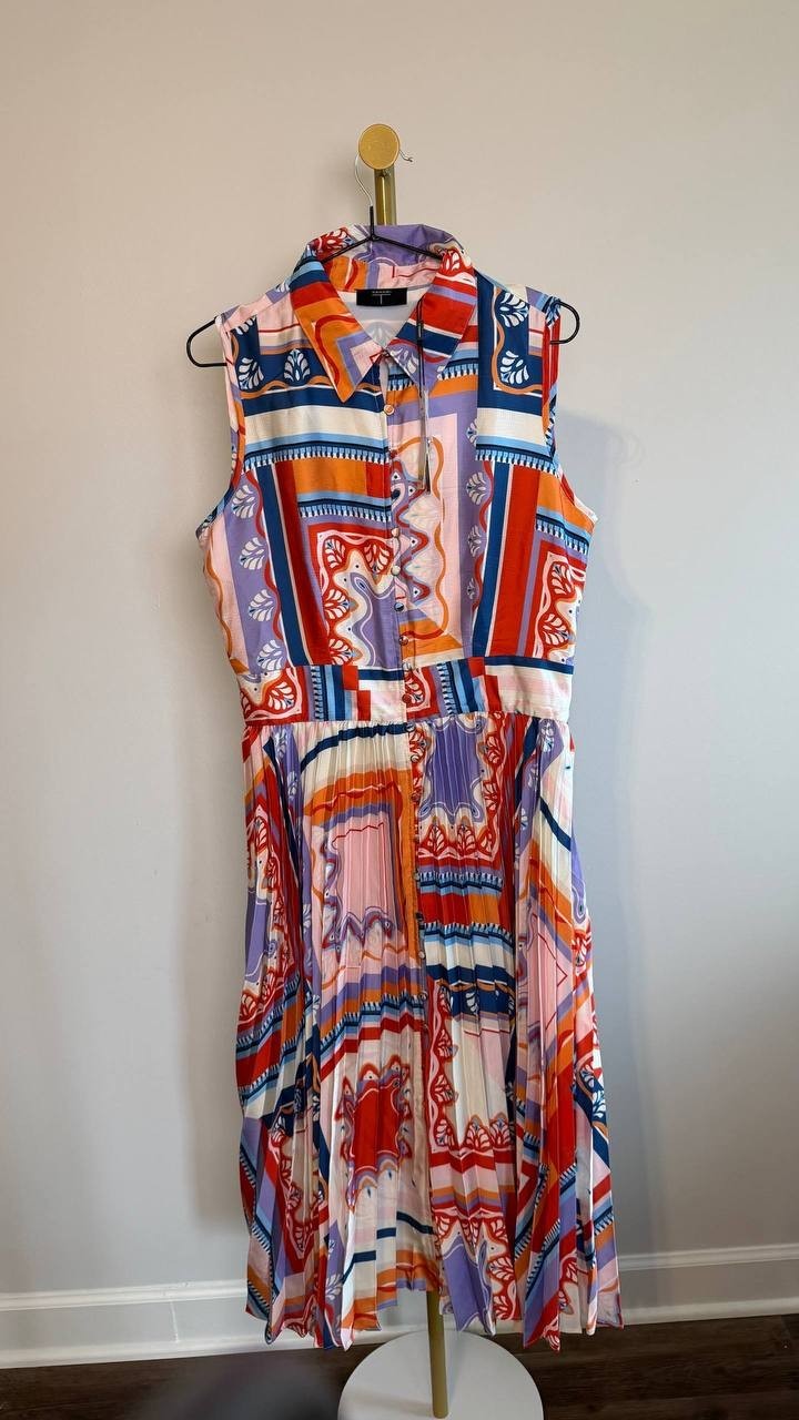 Tahari Women’s Printed Pleated Midi Shirtdress Como Tile 10 NWT $138