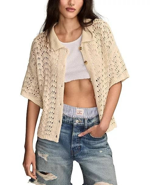 Lucky Brand Short Sleeve Cropped Button‑Up Sweater – Size XS – NWT