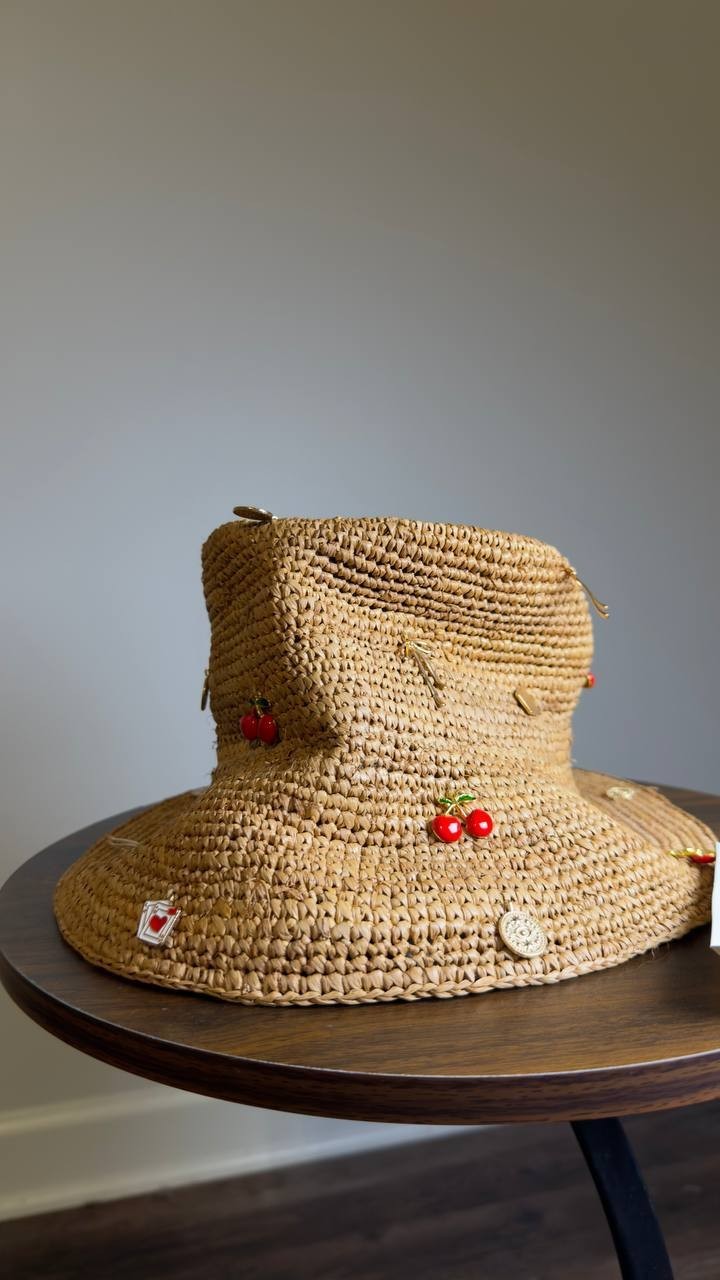 Aqua  Bucket  Hat  Tan  Raffia  One Size  New  $98