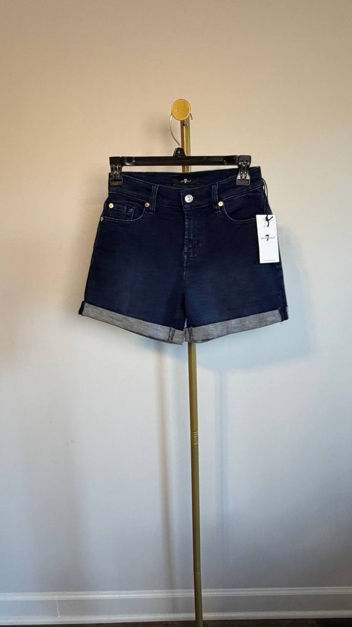 7 For All Mankind Mid‑Rise Roll Denim Shorts Blue 24 NWT $88