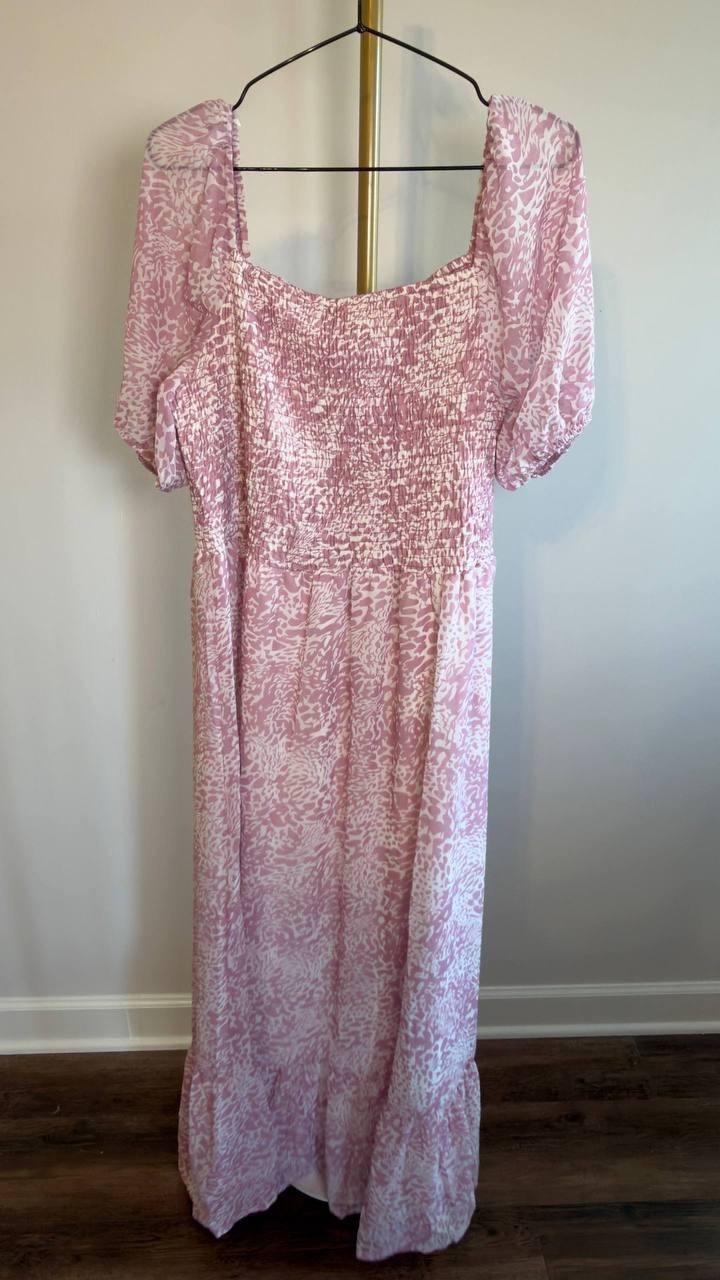 NY Collection Plus Size Short Sleeve Smocked Maxi Dress Pastel Mauve 1X NWT $48