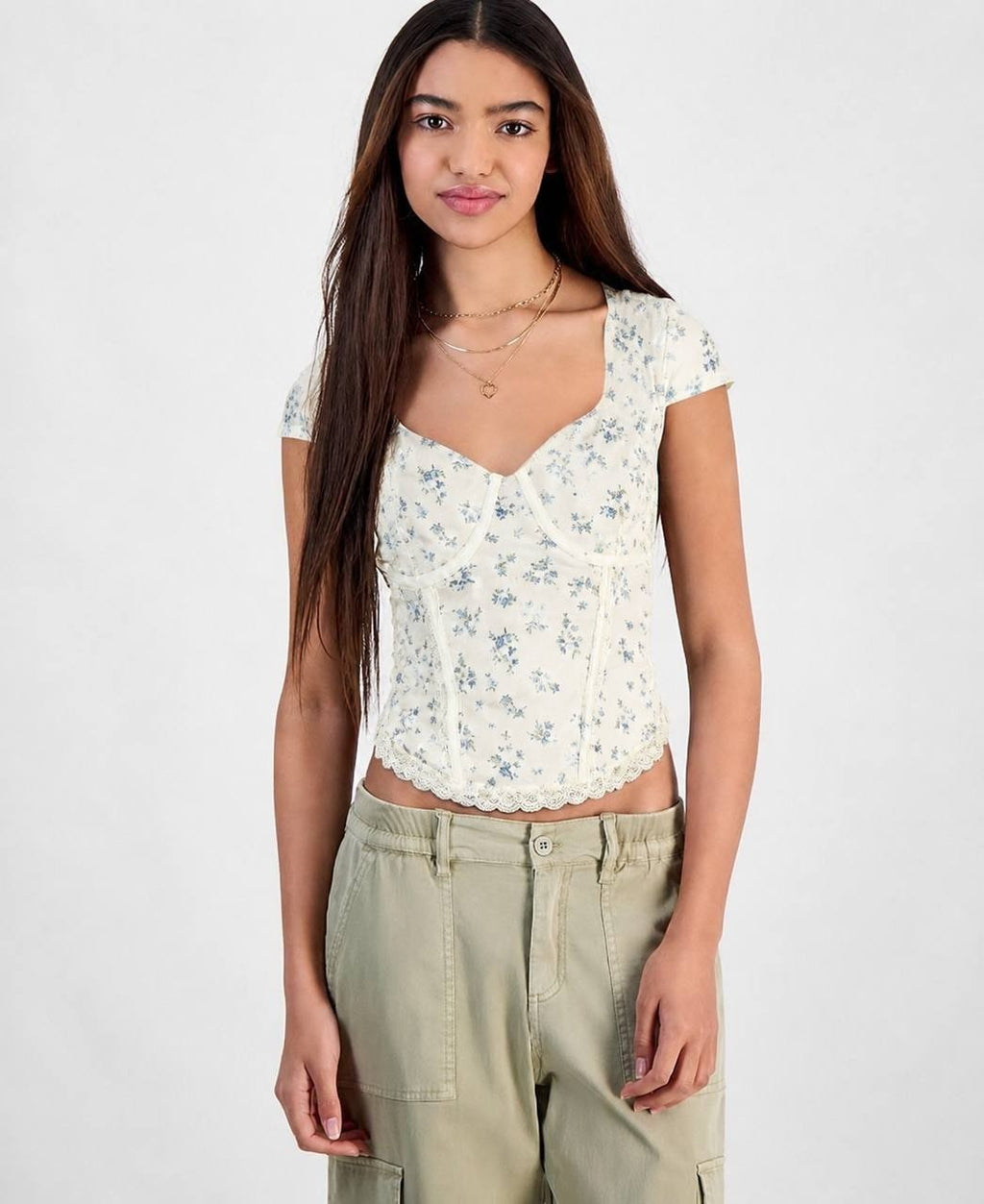 Hippie Rose Juniors’ Corset Short‑Sleeve Mesh Top White Floral L NWT $32