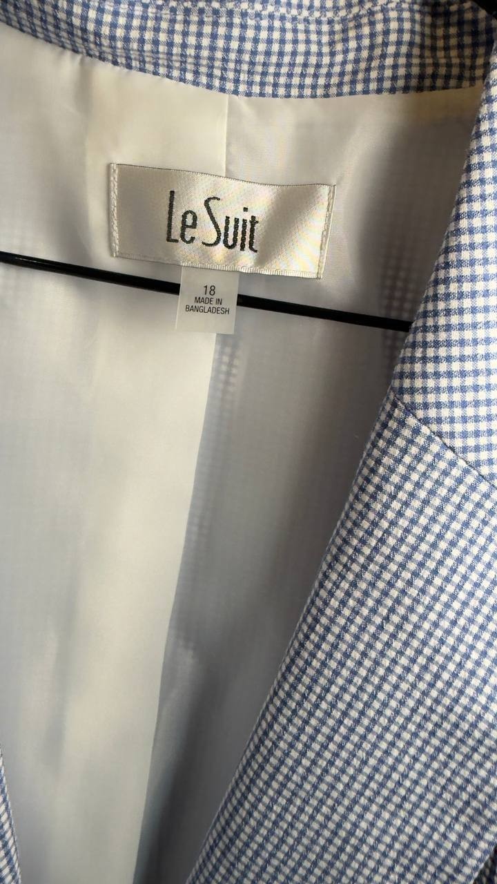 Le Suit Plaid One-Button Blazer Chambray/White 18 NWOT $90